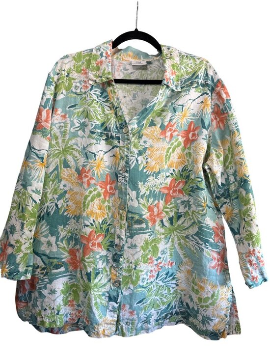 Hot Cotton Tops - Hot Cotton XL Womens Floral Button-Front Linen Shirt Long Sleeves Colorful USA